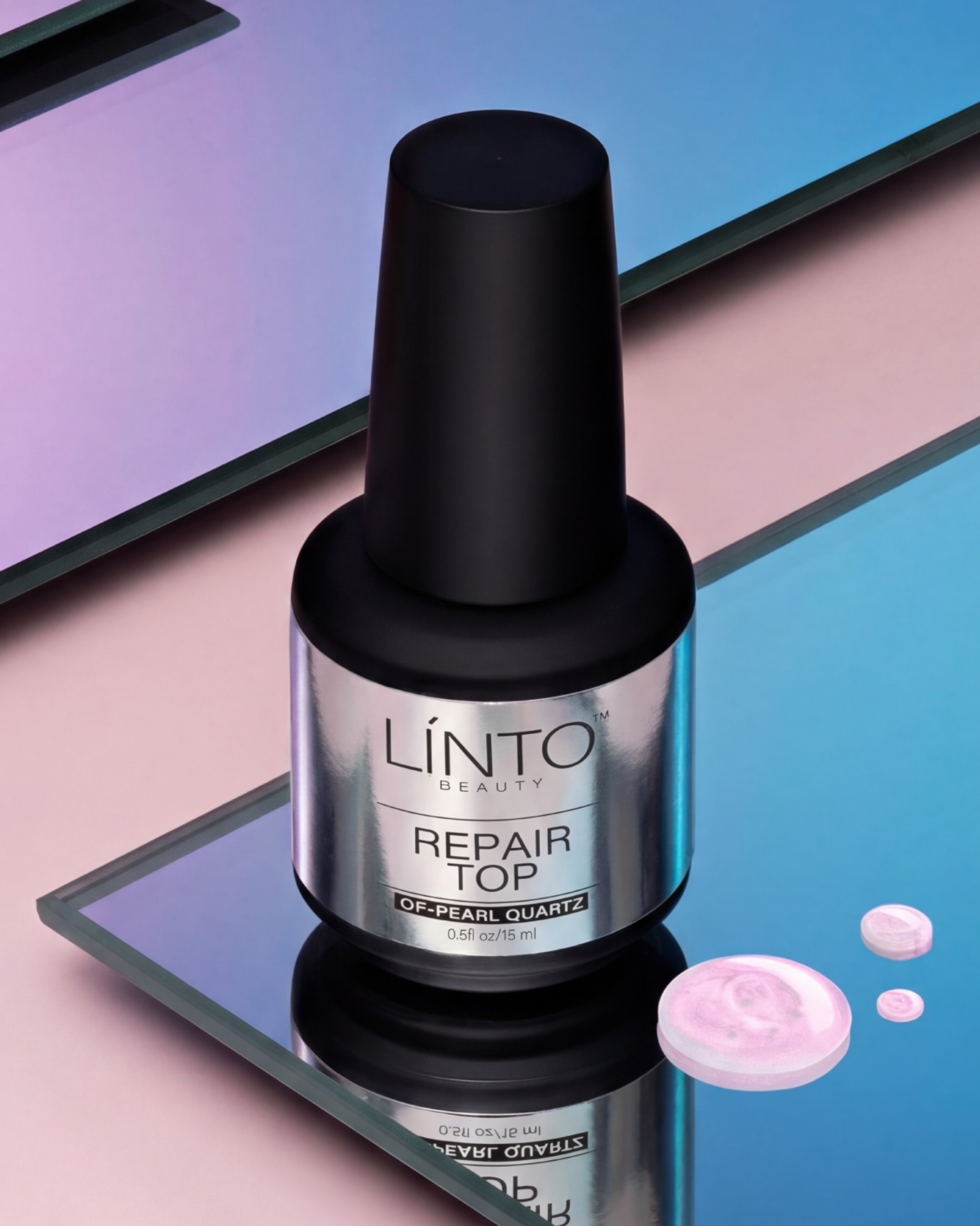 Linto Beauty nail polish bottle with a black cap on a reflective surface
