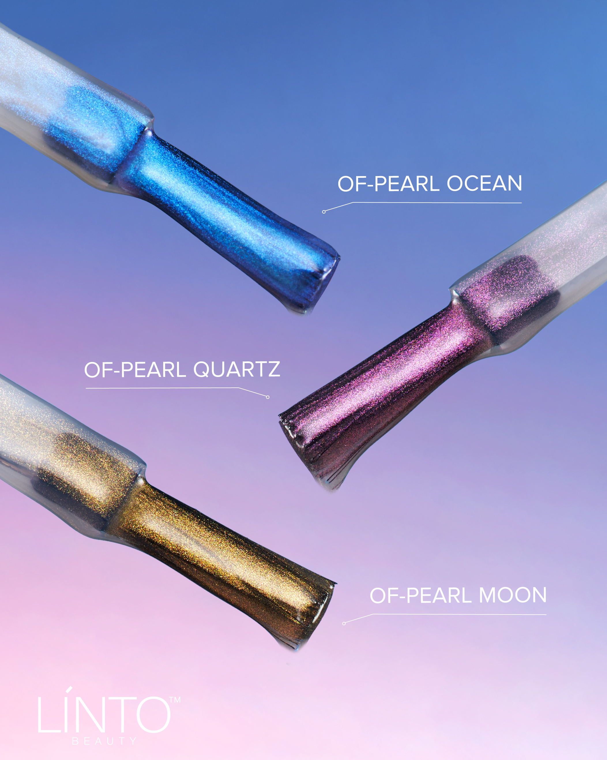 Three colorful nail art tools labeled 'OF-PEARL OCEAN', 'OF-PEARL QUARTZ', and 'OF-PEARL MOON' on a gradient background with 'LINTO' branding.